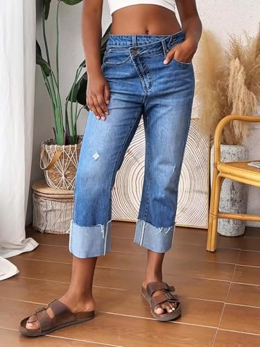 Flamingals Straight Leg Jeans for Women Wrap Mid Rise Cuffed Casual Wash Roll Raw Hem Cropped Denim Pants2
