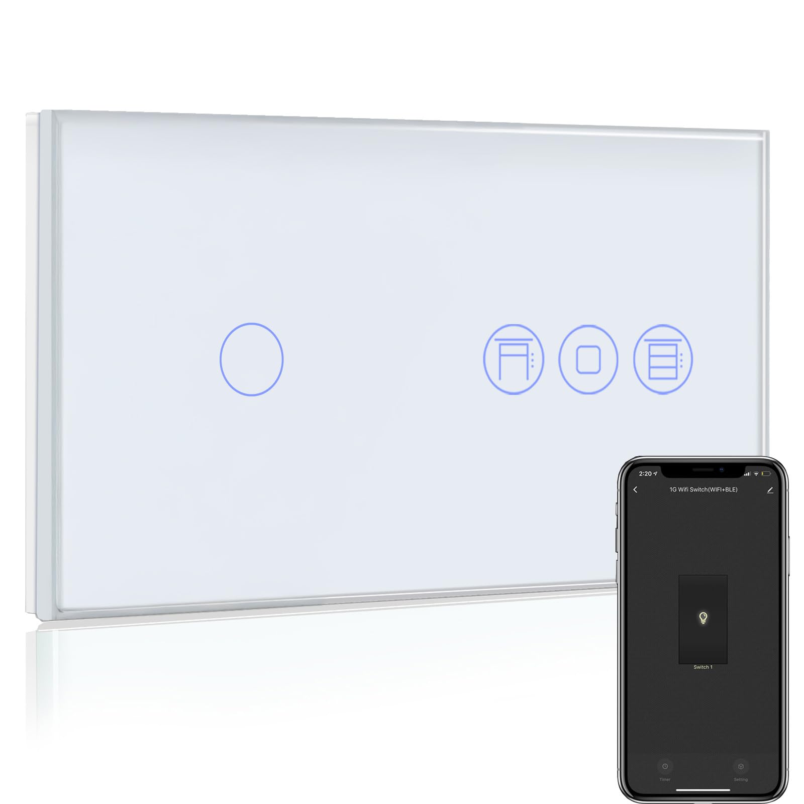 BSEED WiFi Interruptor Persiana con Interruptor Blanco,1 Gang 1 Vía Interruptor de Pared Smart Compatible con Alexa y Google Home, Control por APP o Voz, Función de Temporizador, Requiere Cable Neutro