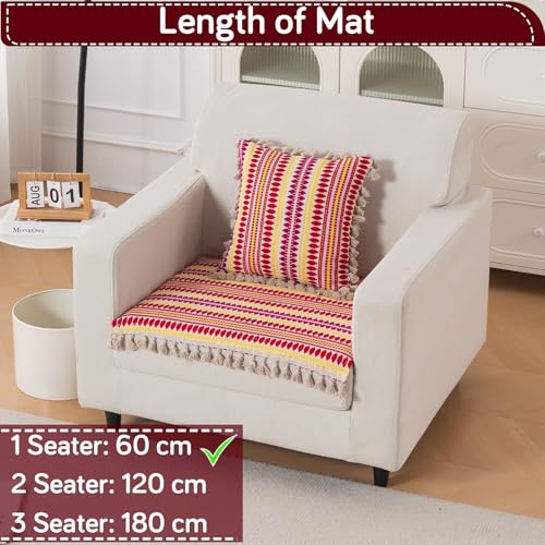 Image of HOKIPO 'Artisan Boho Series' 1 Seater Sofa Cover Mat | 450 GSM Cotton Acrylic Jacquard with Tassel, Ruby Red (IN-901-A6*S)