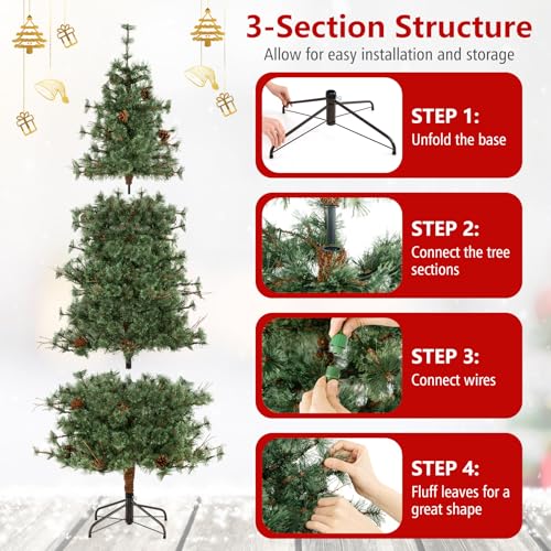 Image of Goplus 8 FT Pre-Lit Artificial Christmas Tree, Cashmere Xmas Tree with 702 Pine Needles, 400 Warm White LED Lights with Bulb Cover, Natural Pine Cones, Foldable Metal Stand, Home Office Decoration