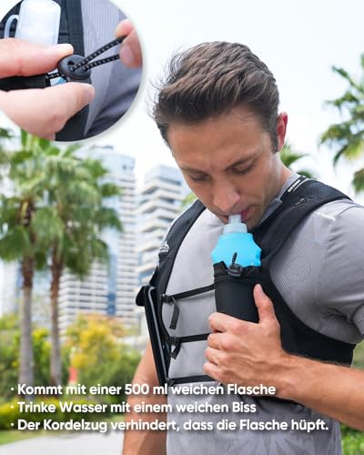 Zelvot Laufweste für Damen und Herren, Europäisches Originalpatent, Verstellbare Brustgurte, Trinkweste Laufen mit 500ml Wasserflasche, Reflektierender Trinkrucksack mit Handyhalterung (Black, XS/S)