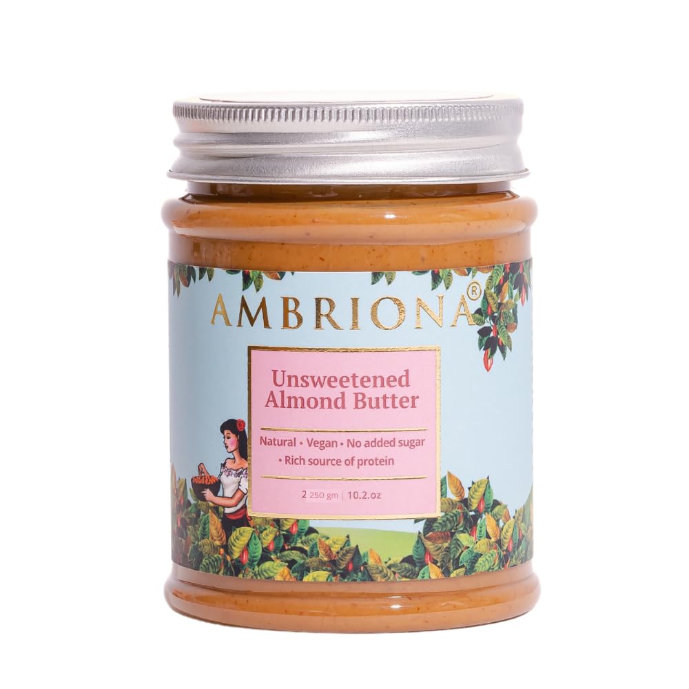 Ambriona Unsweetened Almond Butter | Vegan & Gluten Free | Keto Friendly | 100% Natural | No Palm Oil | Healthy Spread | No Added Sugar | 250gm