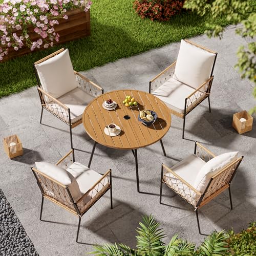 SUNCOZE Outdoor Patio Dining Table and Chairs Set, 5 Pieces PE Rattan Patio Furniture Set with Cushion and Umbrella Hole, Wicker Patio Conversation Sectional Sets for Porch, Backyard and Lawn, Beige