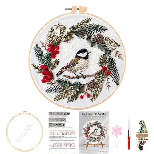 Image of Huacan Embroidery Kits for Adults Beginner DIY Cross Stitch Stamped Christmas Pattern Stitching Wreath Sewing Kit 1 Piece 7.8 x 7.8 Inch