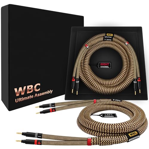 WORLDS BEST CABLES 6 Foot Ultimate - 7 AWG - Ultra-Pure OFC – Extra Premium Audiophile HiFi Speaker Cable Pair with Eminence Gold Banana Plugs & TnBrwn Tweed Jacket