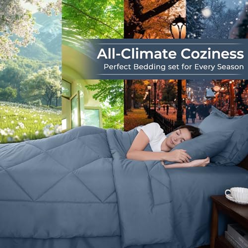 HEVUMYI Dusty Blue Full Comforter Set - 7-Piece All Season Bed in a Bag Full, Ultra Soft Bedding Set with Comforter, Flat Sheet, Fitted Sheet, Pillowcases, Pillow Shams