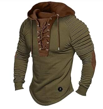 Mens Henley Shirt Hooded Vintage Long Sleeve Pleated Lace Up