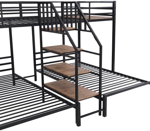 Metal Triple Bed with Storage Shelves and Staircase, Twin Over Twin Metal Bunk Bed Frame for Kids & Teens (Black, Twin)
