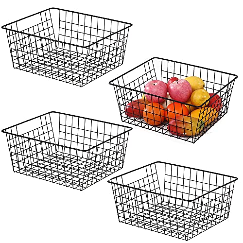 ZRAZ Kitchen Wire Baskets Farmhouse Decor Metal Food Storage Organizer,Household Refrigerator Bin with Built-in Handles for Cabinets, Pantry, Bathroom, Closets,Black