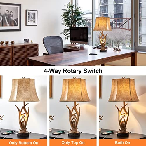 Dungoo Rustic Western Deer Table Lamps with Nightlight Set of 2, 26" Rustic Bedside Lamps for Bedroom with 2 USB Ports, Natural Antler Table Lamp for Christmas Living Room Foyer Office - Image 2