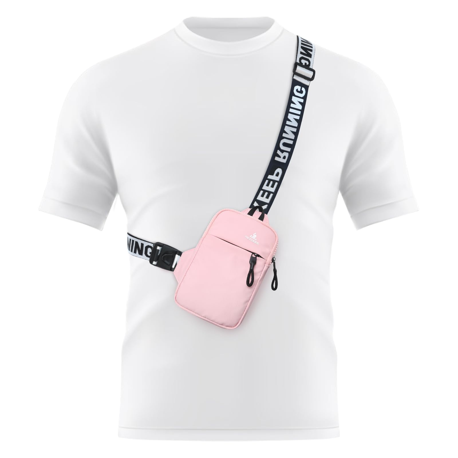 Peicees Mini Crossbody Sling Bag Chest Bag Dual Pocket Water Resistant Fanny Pack Running Phone Holder for Men Women Workout Travel, Pink