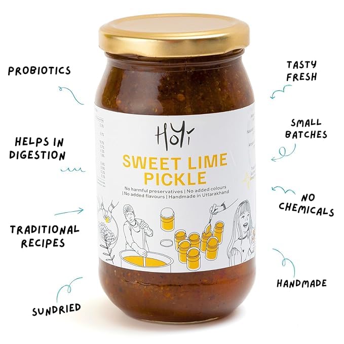 Image of HoYi Sweet Lime Pickle | Khatta Meetha Nimbu Ka Achar | No Added Refined Sugar | Handmade Authentic Indian Pickle - Sun-Ripened Citrus - Packed in Glass Jar - Natural Taste from Uttarakhand (500gms)