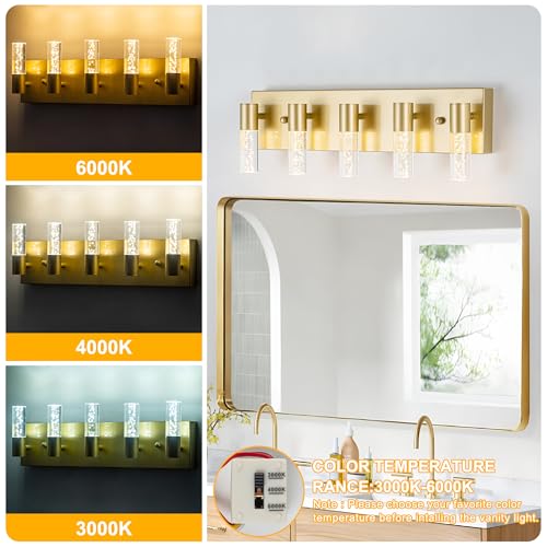 Image of Bathroom Vanity Light Fixtures Over Mirror, Brushed Golden Finish Coating, 5 Light Wall Sconces for Bathroom