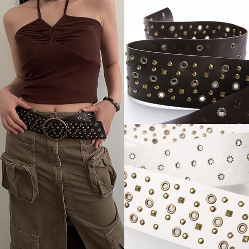 Punk Rock Women Man Y2K Vintage Chic Metal Round Buckle Waistband Wide Waist Strap Rivet Belt Trouser Dress Belts(coffee)4