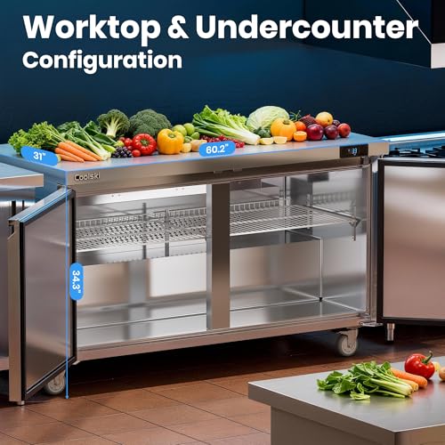 Image of Coolski 60 inchW Commercial Undercounter Refrigerator, 17.2 Cu.ft. Freestanding Stainless Steel, Double Door Under Counter Industrial Worktop Fridge for Restaurant, Bar, Shop, Kitchen Use