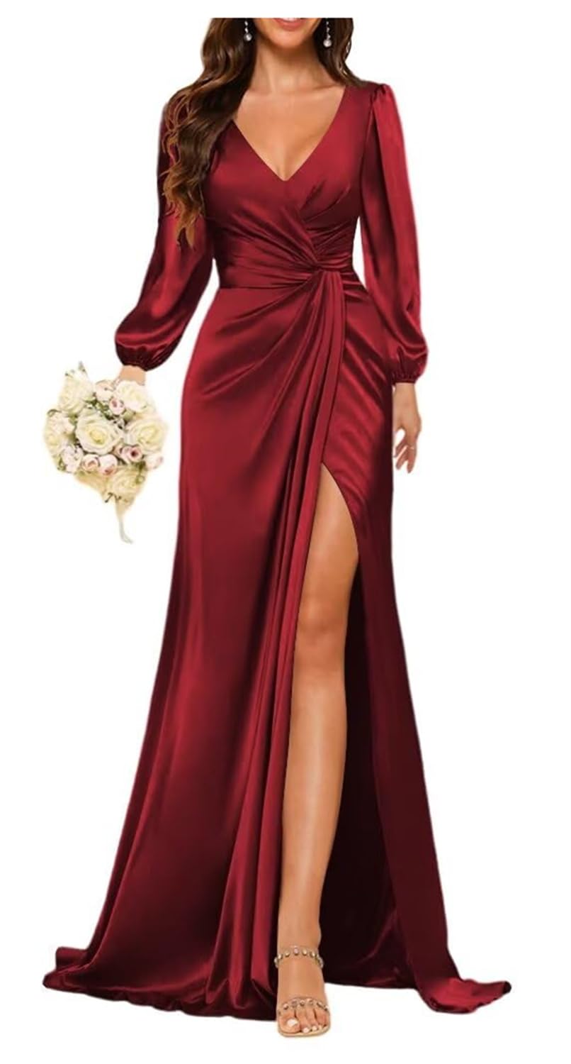 Yiann Women's Burgundy Mermaid Bridesmaid Dresses For Pleated Formal Dresses For Wedding Long Sleeve Evening Party Gowns Uk16