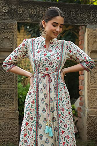 Image of Juniper Beige Floral Printed Pure Cotton Flared Kurta.