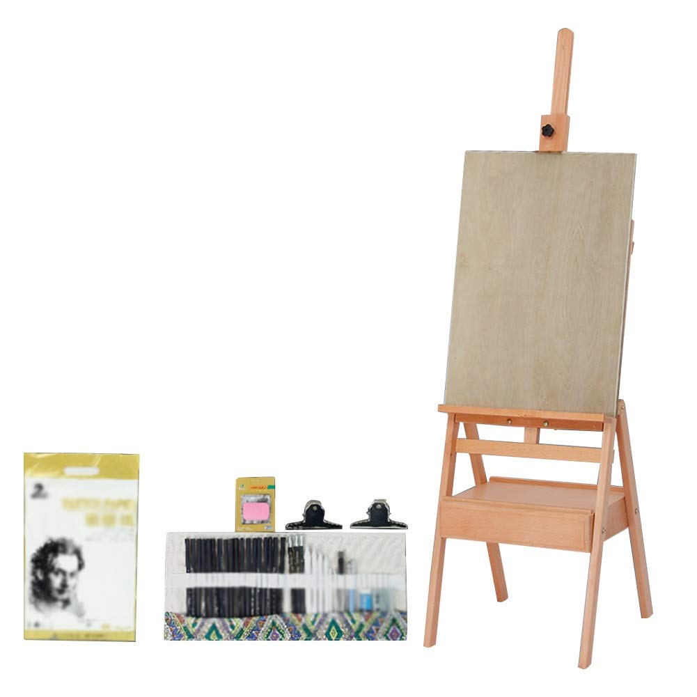 CWCQGH Easel Wooden Easel Stand with Sketch Box Storage Shelf Artists Easel for Atelier Windproof Artists Craft Box (Beech Color Easel set)