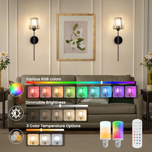 Image of EIDISUNY Battery Operated Crystal Wall Light Set of 2, Wireless Wall Lamp with RGB Rechargeable Dimmable Bulbs, Crystal Wall Sconce with Remote for Bedroom, Living Room (Bulbs Included)