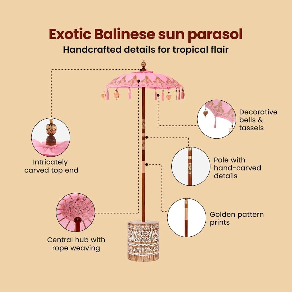 vidaXL Baliński Parasol z Bazą Różowy 95 x 95 x 260 cm, Zadaszenie do ogrodu i tarasu, parasol balkonowy, okrągły cień, rustykalne meble na letnie słońce