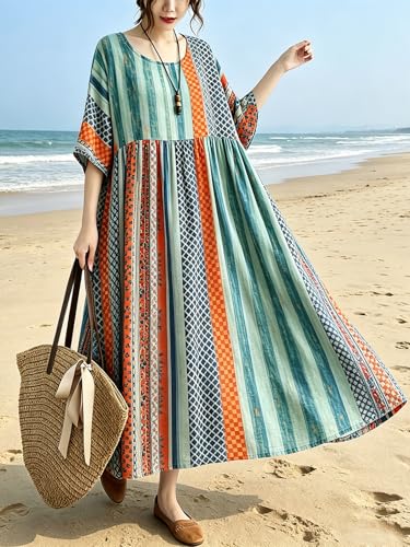 Image of Women Summer Dress with Pockets Plus Size Boho Floral Print Round Neck Loose Casual Flowy Dress
