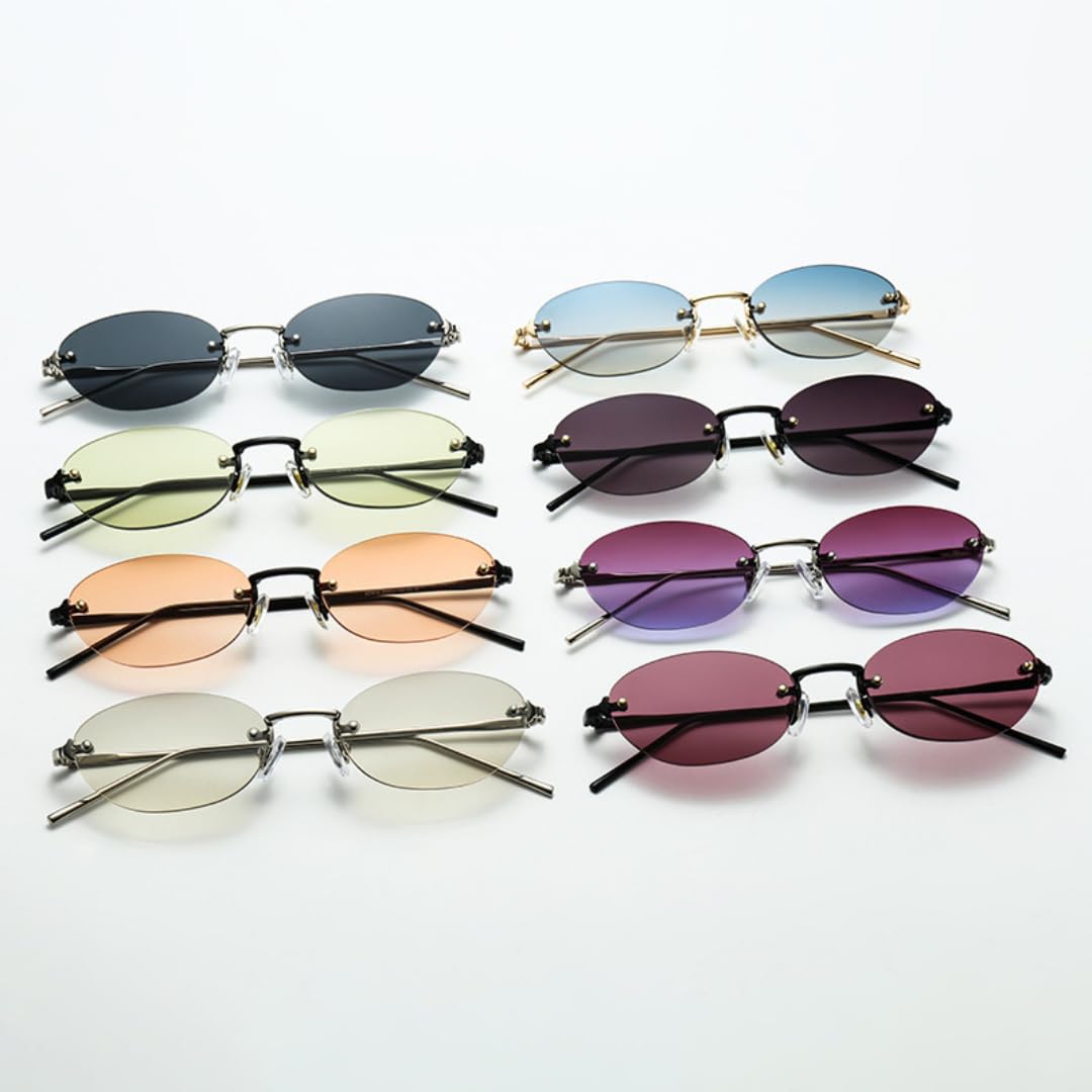 Modische kleine ovale Damen-Sonnenbrille, beliebte randlose Herren-Sonnenbrille mit Farbverlauf, UV400 (silberfarbener Farbverlauf)