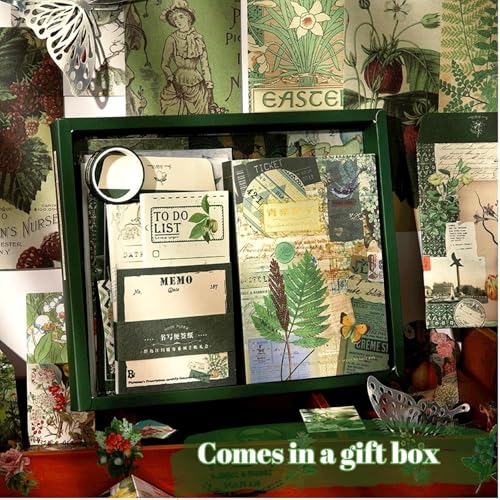Image of GKN Scrape Book Kit 346pcs Vintage Journal Scrapbook Pack Kit for Art Journaling Bullet, Planners DIY Paper Stickers, Craft Kits Notebook, Collage Album Aesthetic Sticker Scrapebooking Album (Green)