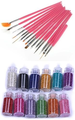 15pcs Acrylic Nail Art Design Painting Tool Pen + 12 Bottles Coloured Nail Art Beads Caviar Decoration