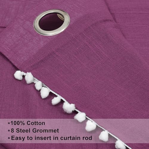 Image of THE LINEN COMPANY Cotton Sheer Grommet Curtains with Side Border Pompom Sheer Curtain for Long Door Linen Textured, Light Filtering, Pack of 2 (Plum, 8 Feet)