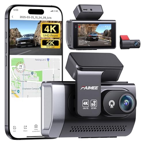FAIMEE 4K Dash Cam Front and Rear with GPS, Upgraded 5.8G WiFi, Dual Dash Camera for Cars, Night Vision, WDR, 160°Wide Angle, 24H Parking Monitor, Emergency Lock, 3' IPS Screen