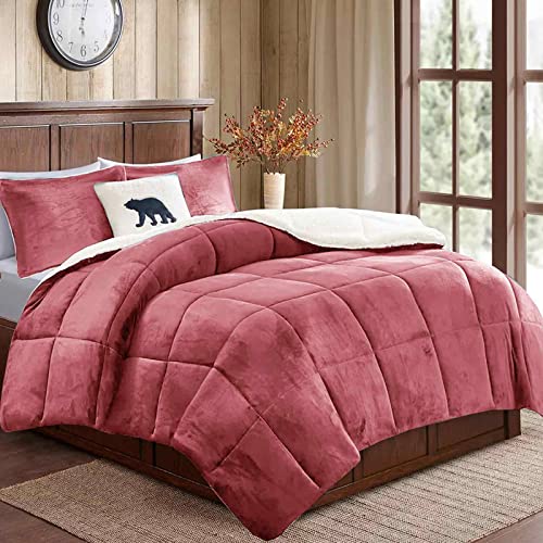 Micromink Sherpa Full Size Comforter Set 3 Pcs, Mauve Red Velvet Flannel Ultra-Soft Down Alternative Modern Bedding , All Season Duvet Bed Sets In A Bag For Women Girl , 80 X90 Plush Fleece, Dark Pink #TOP18