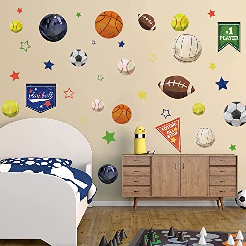 Supzone Sport Balls Stickers Boys Sports Race Flag Decals Colorful Basketball Soccer Baseball Stars DIY Vinyl Wall Art Sticker for Boys Playroom...