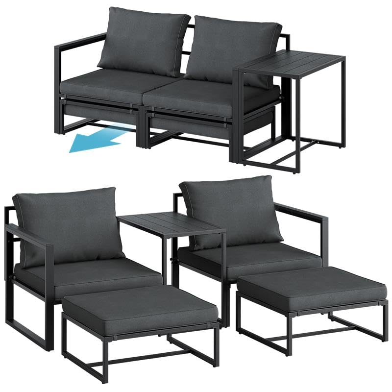 STEELSØN Asteri Sitzgruppe 5-teilig – Gartenmöbel Set mit 2 Sessel, 2 Hocker, 1 Tisch – Balkonlounge Metallgestell Schwarz – inkl. Sitzpolster anthrazit – Terrassenlounge für 2-4 Personen – wetterfest