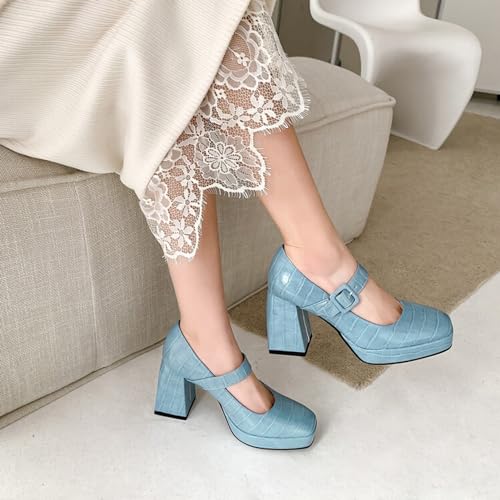 CoceMoce Chunky High Heel Pumps for Women Closed Square Toe Ankle Strap Mary Janes Platform Embossed Leather Dress Shoes Office Lady Work Business Party Event Formal Comfortable3