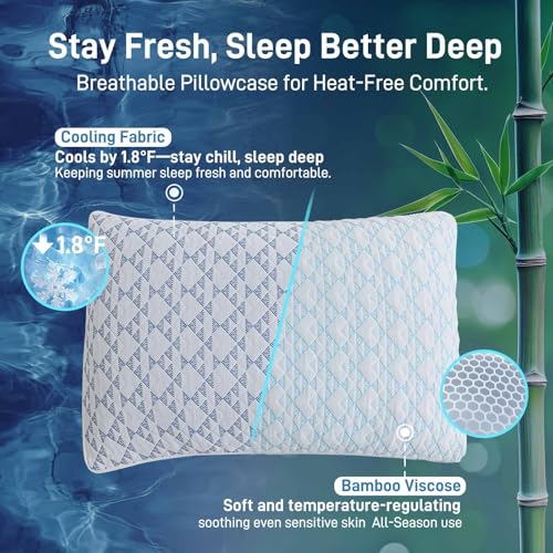 Shredded Memory Foam Cooling Soft Bamboo Viscose Pillow King Size, Adjustable Hypoallergenic Hotel Quality Bed Pillow for Side, Back and Stomach Sleeper, Oeko-TEX Certified
