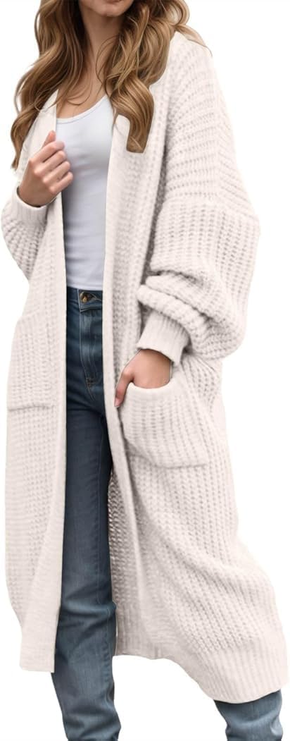 Long Sleeve Sweater for Women Oversized Open Front Cardigan Mid Length Knit Outwear Chunky Trendy Coat with Pocket