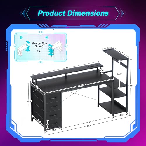 Image of 59 Inch Gaming Desk with LED Lights and Power Outlets, Computer Desk with Storage Shelves, Fabric Drawers, Monitor Stand & Side Hook, Reversible Gamer Table for Home Office, Carbon Fiber Black