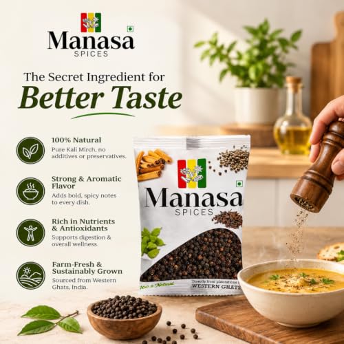 Image of Manasa Spices Black Pepper Whole 100gm, Kali Mirch Whole Sourced from the fertile Western Ghats, Bold Sun-Dried Peppercorns, 100% Natural & Pure, Rich Aroma & Flavor, Sabut Gol Mirch for Cooking