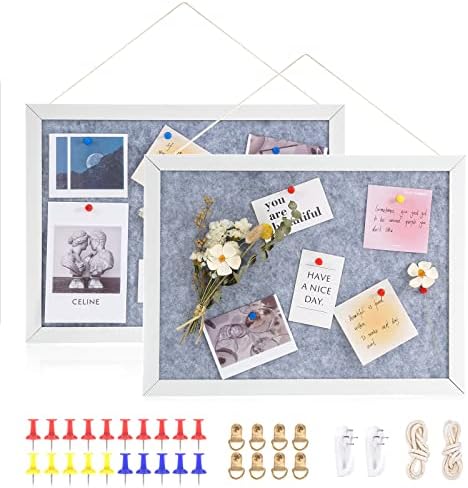 Sinor 2-Pack Bulletin Board Pin Board with Felt 15.7 x 11.8 Inch, Hanging Display Small Boards with Wooden Frame for Walls, Message Vision Picture Cork Board for Home, School and Office -White