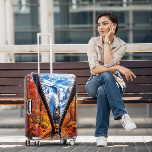 Image of Scenic Train Zipper Illusion Luggage Cover Protective Suitcase Protector, Winter & Autumn Landscape Elastic Washable Travel Baggage Cover Fits 18-22 Inch Suitcase, Cool Steam Locomotive Design,S
