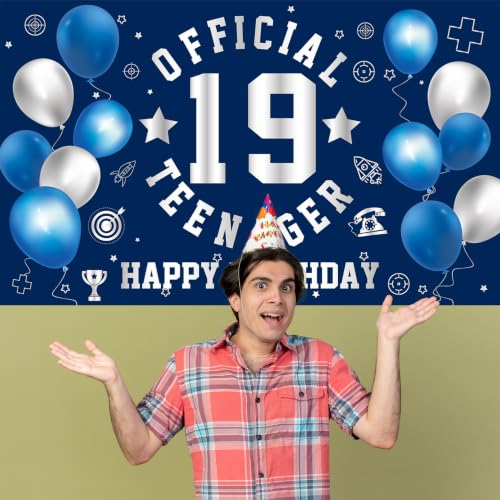 Image of Happy 19th Birthday Banner Backdrop 19th Birthday Decorations for Boy | Large Official Teenager 19th Backdrop 19 Year Old HBD Party Decorations Supplies, Navy Blue Silver