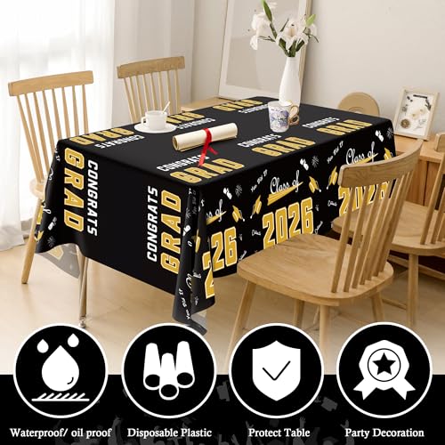 Image of OHOME Graduation Decorations 2026 2027- 𝐒𝐇𝐎𝐏 𝐀𝐋𝐋 𝐆𝐑𝐀𝐃 𝐃𝐄𝐂𝐎𝐑 →𝟕𝟎% 𝐎𝐅𝐅 Disposable Plastic Black and Gold Tablecloth for Class of 2026 Decorations Party Favors Banner,54 inch X 108 inch,2Pcs