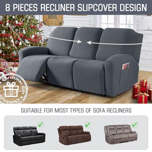 Taococo Recliner Sofa Covers 8-Pieces Stretch Large Couch Covers For 3 Seats Reclining Slipcovers Soft Jacquard Pattern Furniture Protector Grey thumb #2