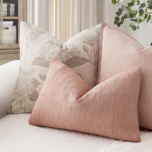 Image of Foindtower Set of 2 Decorative Linen Check Throw Pillow Covers Neutral Farmhouse Lumbar Cushion Covers Modern Boho Accent Home Decor for Sofa Chair Couch Bedroom Living Room,12x20 Inch,Coral Pink