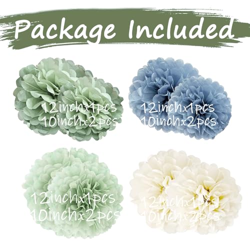 Image of Tissue Paper Pom Poms Kit Paper Flowers 12pieces for Baby Shower Wedding Bridal Bachelorette Birthday Party Decorations (Dusty Blue + Pastel Sage Green)