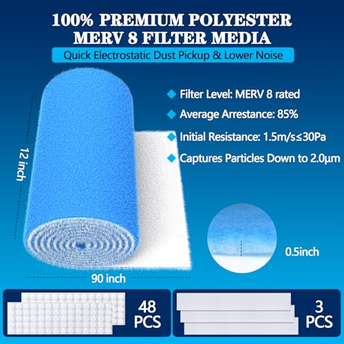 Image of Air Vent Filters, MERV 8 Cut to Fit, 12 inch x 90 inchx 2Roll | Makes Up to 100 Filter Pieces, Electrostatic Filter Material, For Floor, Ceiling and Furnace Vents, 48 Adhesive Hook Tapes