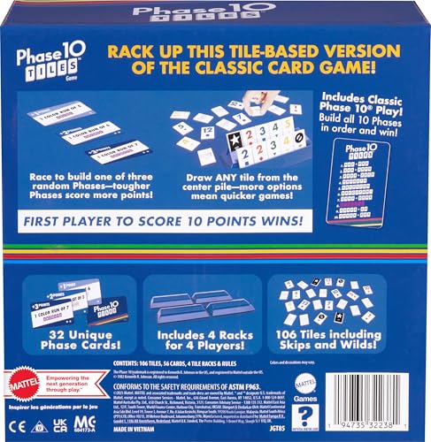 Mattel Games Phase 10 Tiles Game, Quick Family Rummy-Type Play with 32 Cards Featuring Unique Phases and Two Ways to Play, for 2-6 Players - Thumbnail 6
