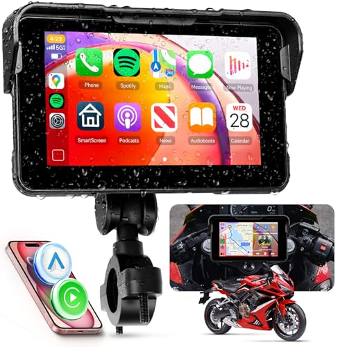Hodozzy 5 Inch Motorcycle Carplay Screen - Wireless CarPlay & Android Auto IP68 Waterproof IPS Touch Screen Bluetooth Hands-Free Call/Music GPS Navigation Portable Motorbike Stereo