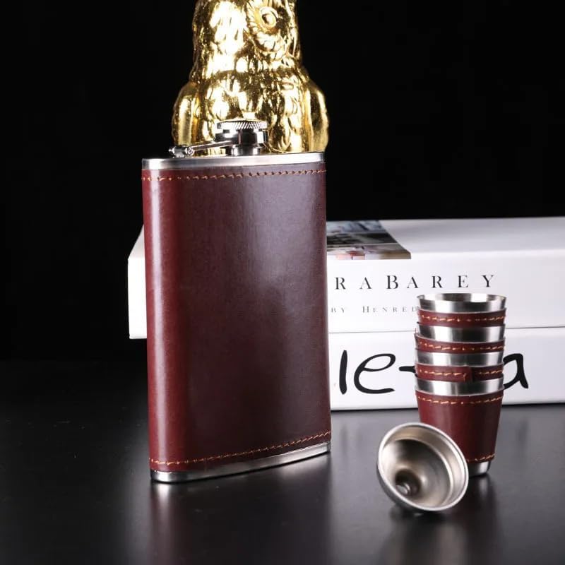 Image of Leather Stainless Steel Hip Flask with 4 Shot Glasses with Funnel, Liquor, Wine, Whiskey, Alcohol Drinks Holder Pocket Beverage Bottle for Men and Women
