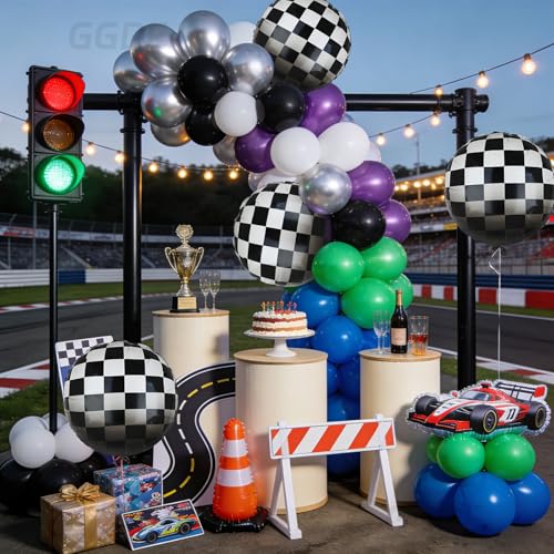 Image of Monster Truck Balloon Bundle 20 Pcs Checkered Balloons Latex Balloon Green Purple Black Boy 1st 2nd Race Ca Vintage Fast One Two Fast Theme Monster Birthday Party Decor Supplies Kit